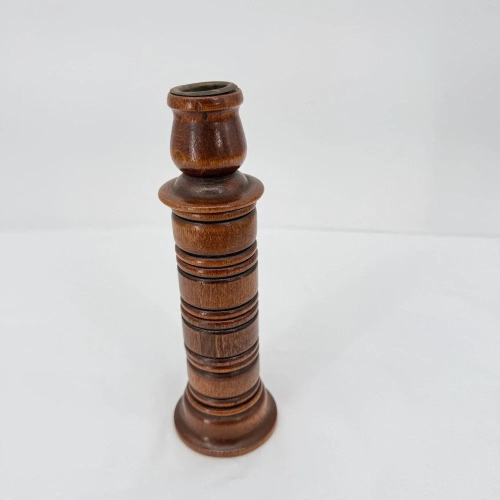 Carved Wood Candlestick Removable Napkin Ring Set Vintage‎ MCM Table Decor Brown